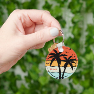 Sunset Retro Vintage Beach Palm Tree Key Ring