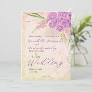 Sunset Rose blush Sheer bow Bouquet Wedding  Invitation