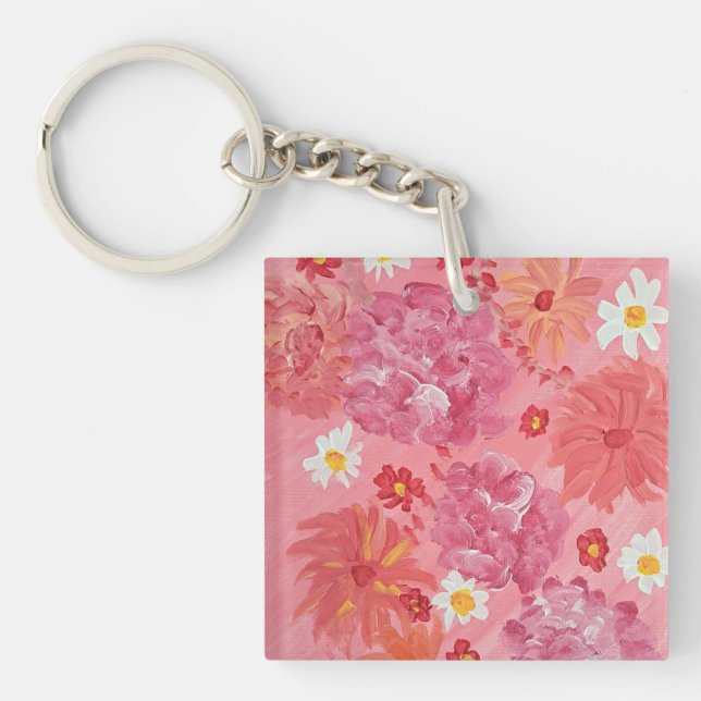 Sunset Rose Floral Acrylic Square Keychain (Front)