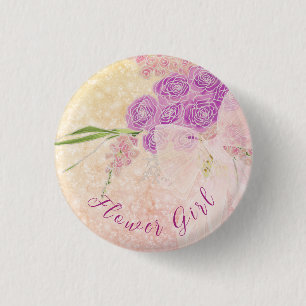 Sunset rose Flower girl Bouquet and Blush bow 3 Cm Round Badge