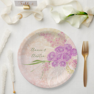 Sunset rose hand painted  Blush bow Bouquet  Paper Plate