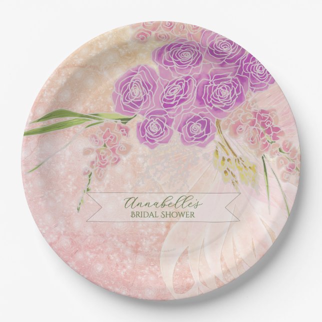 Sunset rose hand painted  Blush bow Bouquet  Paper Plate (Front)