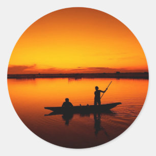 Sunset, Rowing Boat Silhouette-16497 Classic Round Sticker