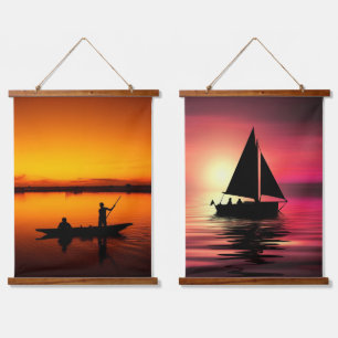 Sunset, Rowing Boat Silhouette-16497 Hanging Tapestry