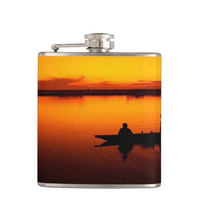 Sunset, Rowing Boat Silhouette-16497 Hip Flask (Front)