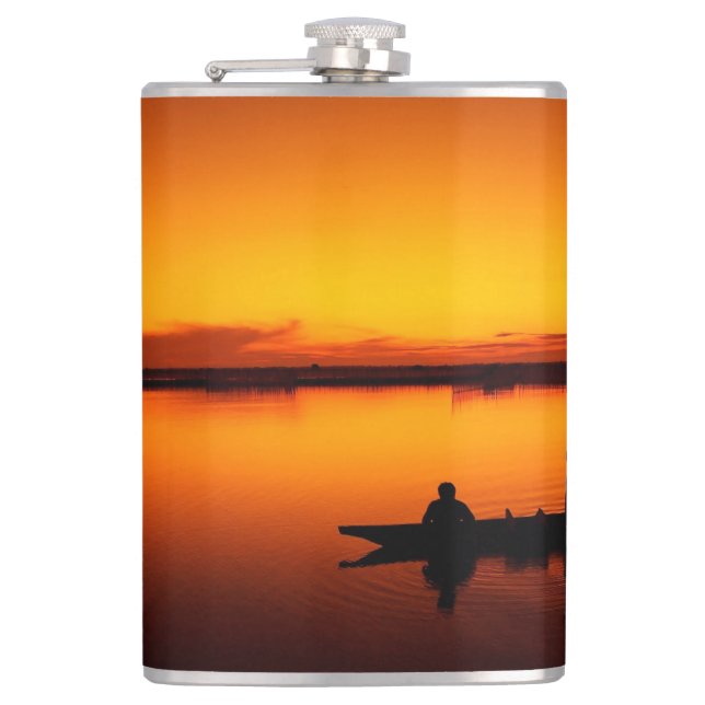 Sunset, Rowing Boat Silhouette-16497 Hip Flask (Front)