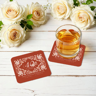 Sunset Rust Red Shabby Chic 40 Anniversary Coaster