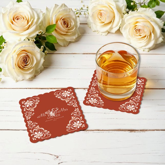 Sunset Rust Shabby Chic Mr & Mrs Wedding Coaster (Creator Uploaded)
