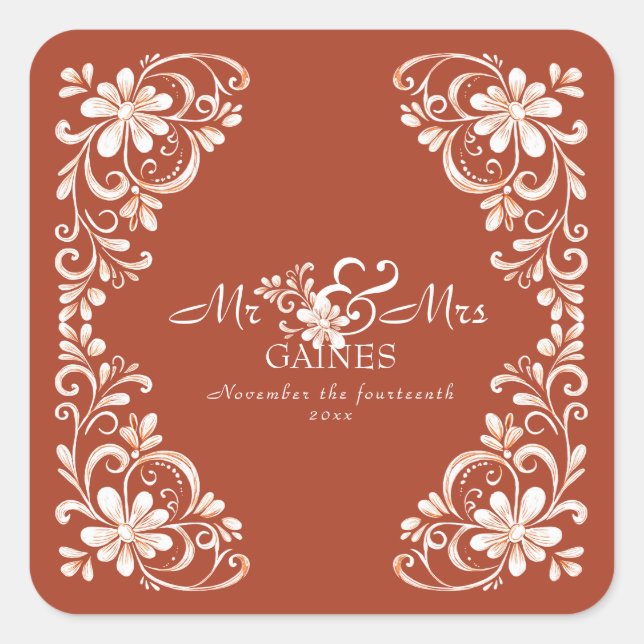 Sunset Rust Shabby Chic Mr & Mrs Wedding Sticker (Front)