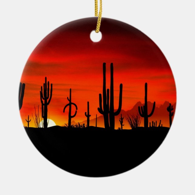 Sunset Saguaros Sonoran Desert Arizona Ceramic Tree Decoration (Front)