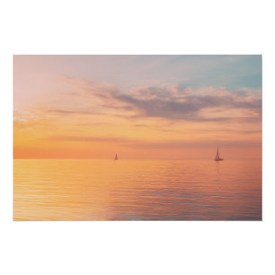 Sunset Sailboats Calm Ocean Horizon Glow Poster
