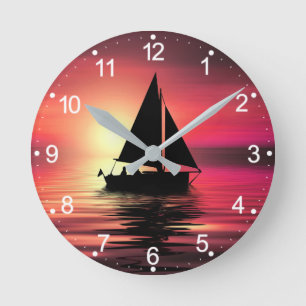Sunset, Sailing Boat in The Sea-39186 Round Clock