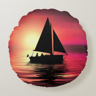 Sunset, Sailing Boat in The Sea-39186 Round Cushion