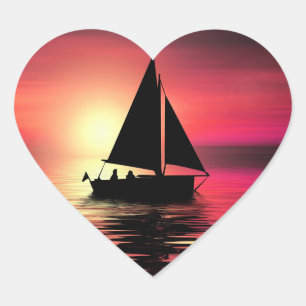 Sunset Sailing Boat On The Sea Art Design Heart Sticker