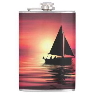Sunset Sailing Boat On The Sea Art Design Hip Flask