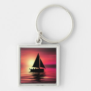 Sunset Sailing Boat On The Sea Art Design Key Ring