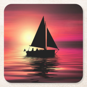 Sunset Sailing Boat On The Sea Art Design Square Paper Coaster