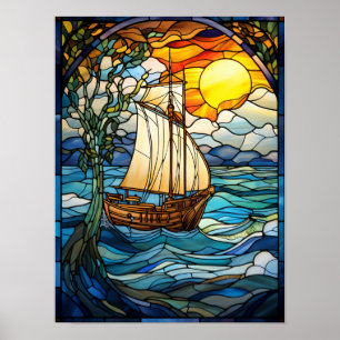 Sunset Sailing Ship Stained Glass Window Design Poster