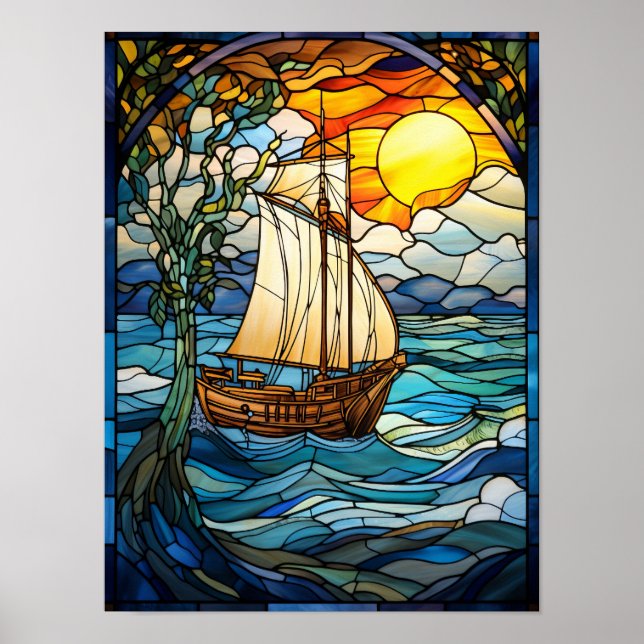 Sunset Sailing Ship Stained Glass Window Design Poster (Front)