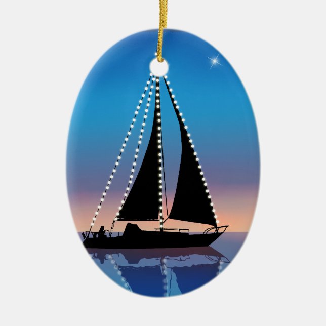 Sunset Sails with Holiday Lights Ceramic Tree Decoration (Front)