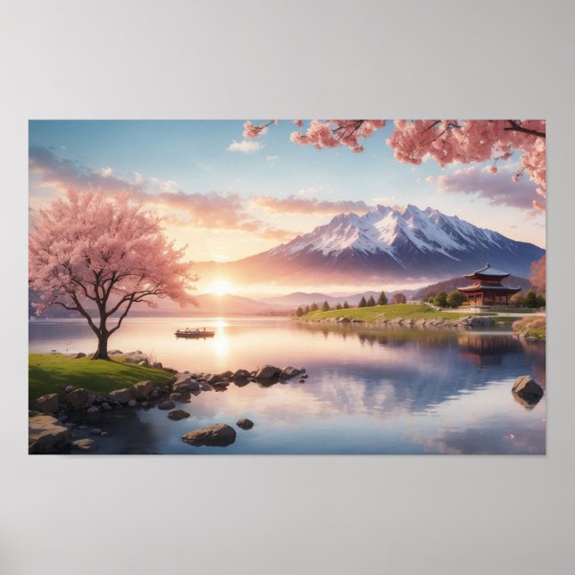 Sunset Sakura Garden with Mountain View Poster (Front)