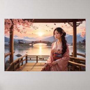 Sunset Sakura Tree with Beautiful Asian Woman Poster