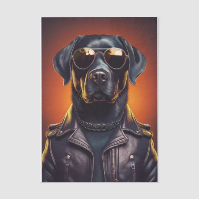 Sunset Sam, Biker Black Lab in Leather Jacket Tissue Paper (Front)