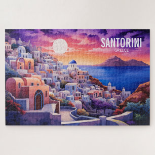 Sunset Santorini Island Illustration   Travel Art  Jigsaw Puzzle