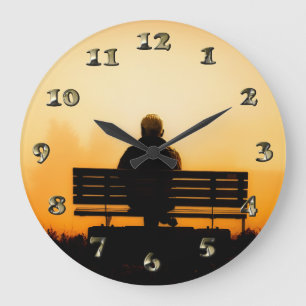 Sunset Scene with Man on Bench Large Clock