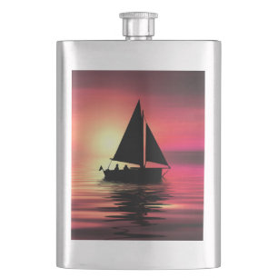 Sunset, Sea, Sailing Boat Hip Flask