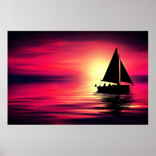 Sunset, Sea, Sailing Boat Poster