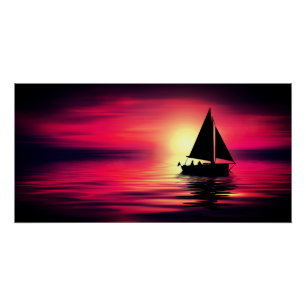 Sunset, Sea, Sailing Boat Poster