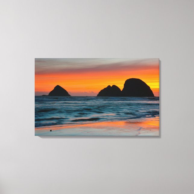 Sunset, Sea Stacks, Oceanside, Oregon, USA Canvas Print (Front)