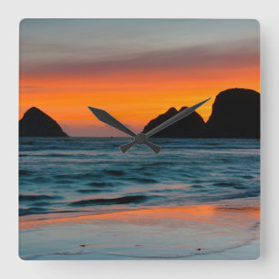 Sunset, Sea Stacks, Oceanside, Oregon, USA Square Wall Clock