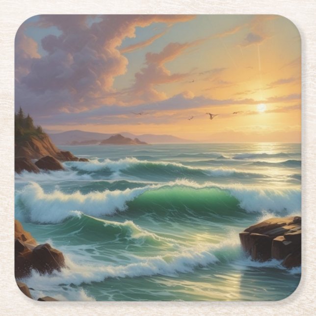 Sunset Seascape Painting Artwork Square Paper Coaster (Front)