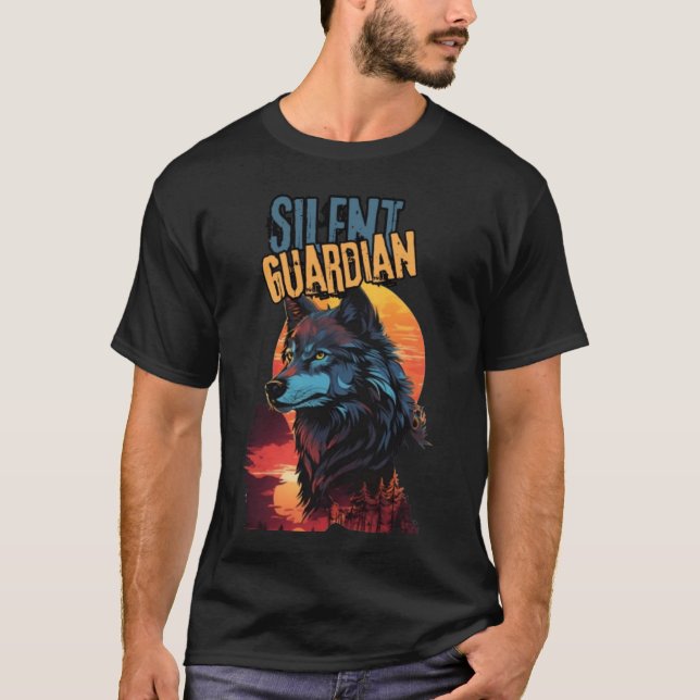 Sunset Sentinel: Blue Wolf in Nature's Glow T-Shirt (Front)