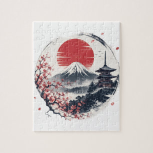 Sunset Serenity at Mount Fuji – Japanese Ink Art  Jigsaw Puzzle