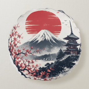 Sunset Serenity at Mount Fuji – Japanese Ink Art Round Cushion