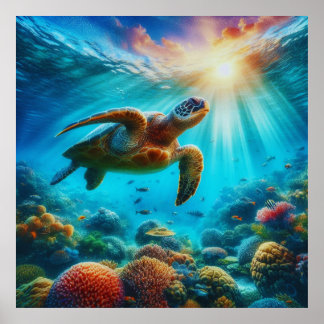 Sunset Serenity Sea Turtle and Coral Reef Poster
