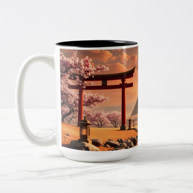 Sunset Serenity: Torii Gates and Pyramids Two-Tone Coffee Mug (Left)