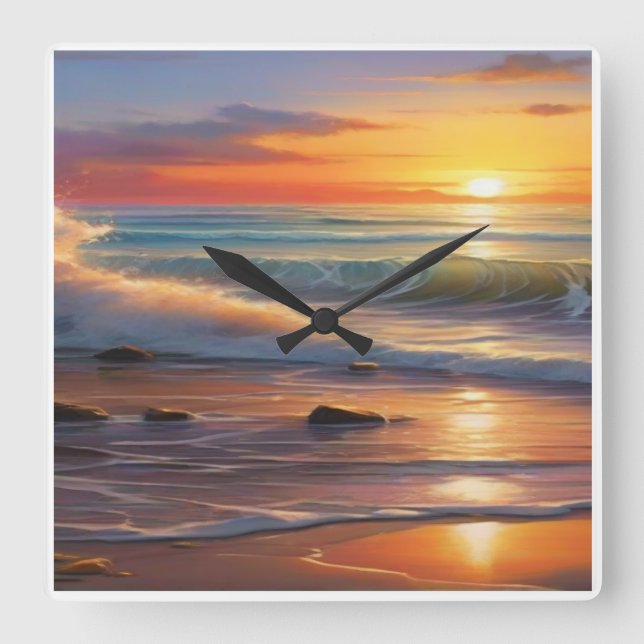 Sunset Serenity: Waves of Tranquillity Square Wall Clock (Front)