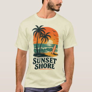 Sunset Shore Retro Beach Surf Summer Vacation T-Shirt