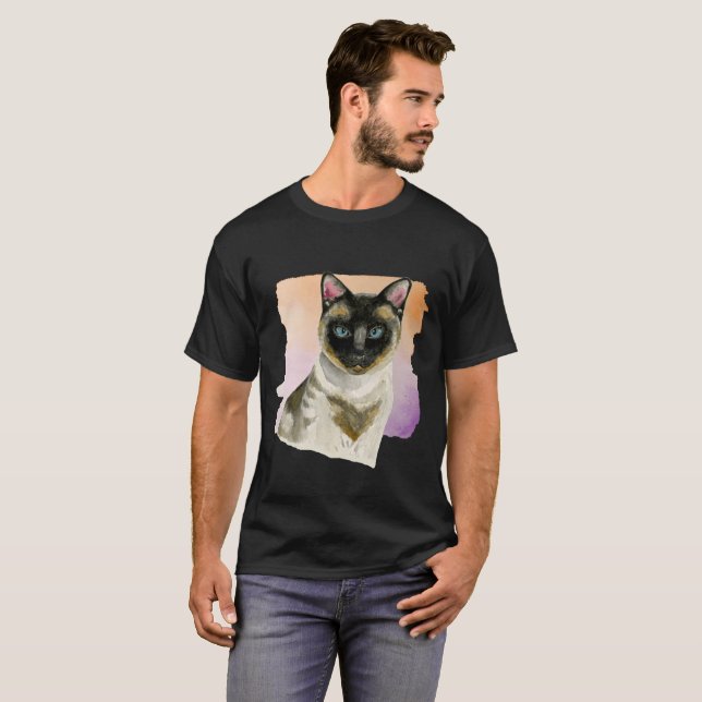 Sunset Siamese Cat Elegant Watercolor Painting T-Shirt (Front Full)