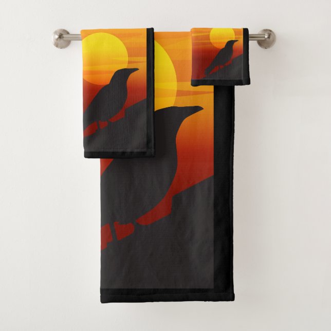 Sunset Silhouette Black Bird- Raven Bath Towel Set (Insitu)