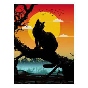 Sunset Silhouette Cat And Tree Poster