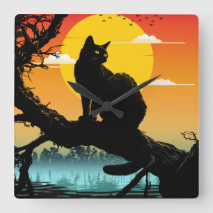 Sunset Silhouette Cat And Tree Square Wall Clock
