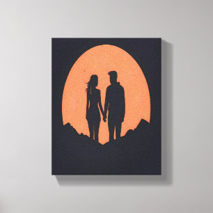 Sunset Silhouette Couple Minimalist Love Art Canvas Print
