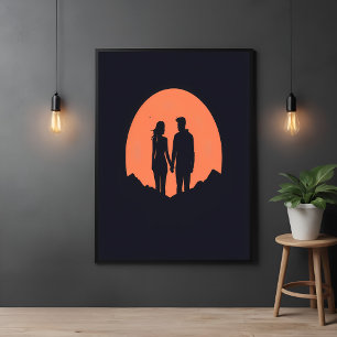 Sunset Silhouette Couple Minimalist Love Art Poster