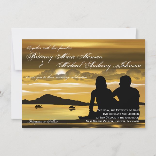 Sunset Silhouette Mountain Lake Wedding Invitation (Front)
