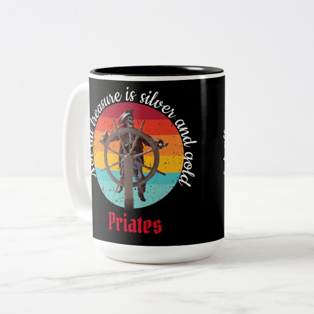 Sunset Skeleton Pirate Party Two-Tone Coffee Mug (Front Left)